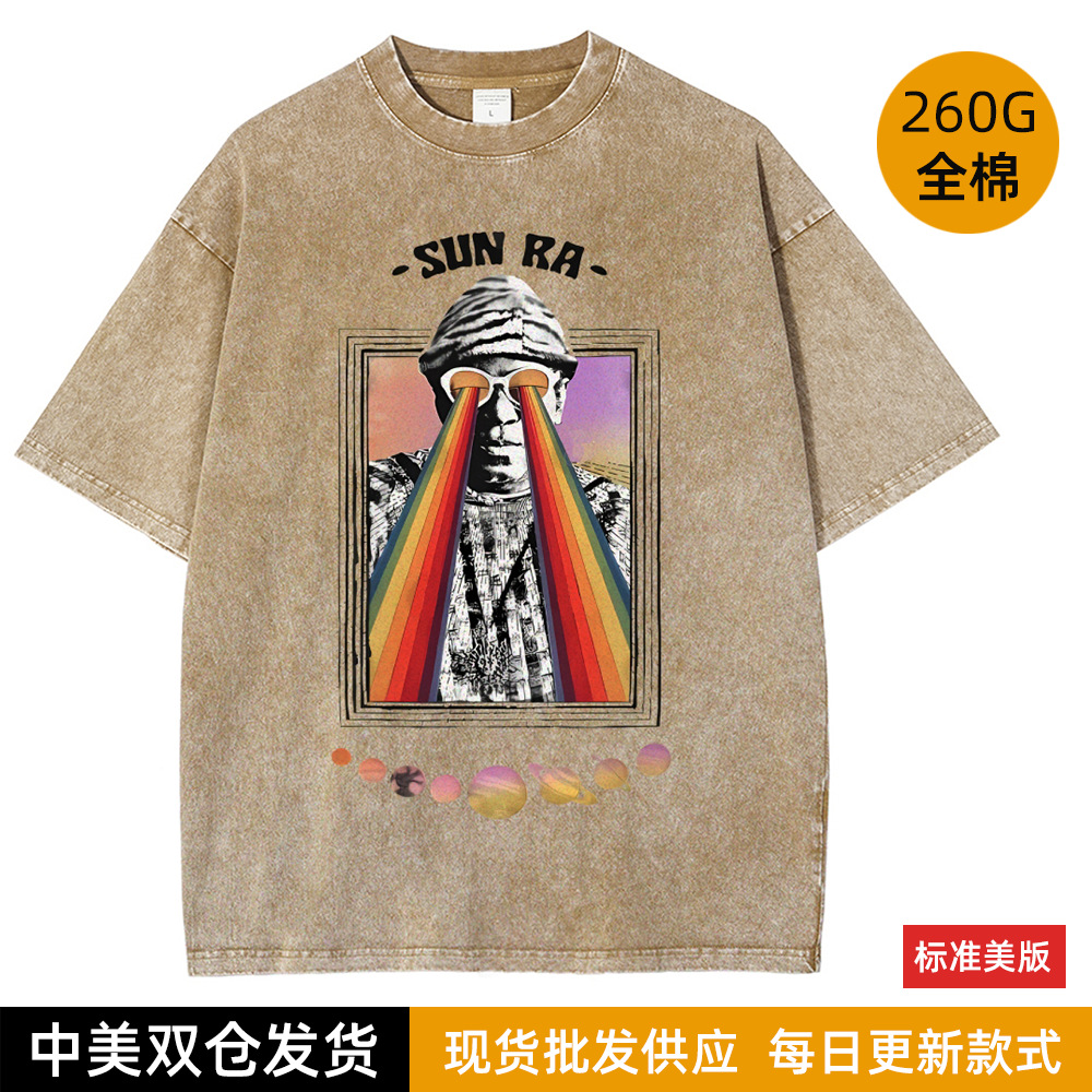 INS ホットセールメガネレインボーストリートクールレトロルーズラウンドネックピュアコットンメンズ Tシャツウォッシュ加工男性と女性用