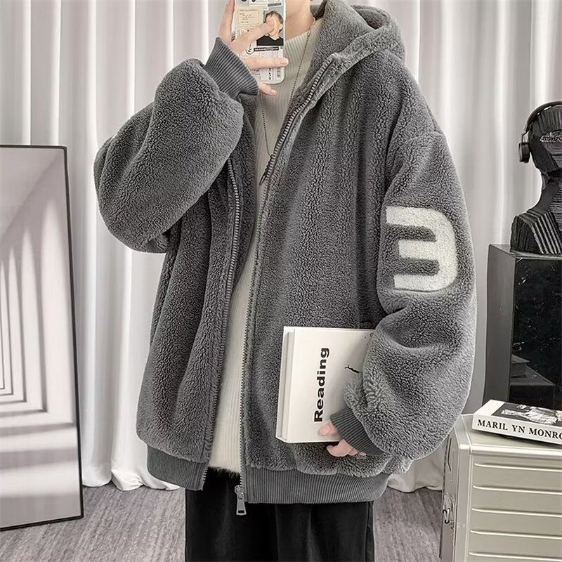 Autumn and Winter Lamb Fleece Jacket Men's Hooded Teenager Trendy Brand Ins Trendy Casual Cyber Celebrity Hong Kong Style Fleece Jacket Autumn and Winter Lamb Fleece Jacket Men's Hooded Teenager Trendy Brand Ins Trendy Casual Cyber Celebrity Hong Kong Style Fleece Jacket