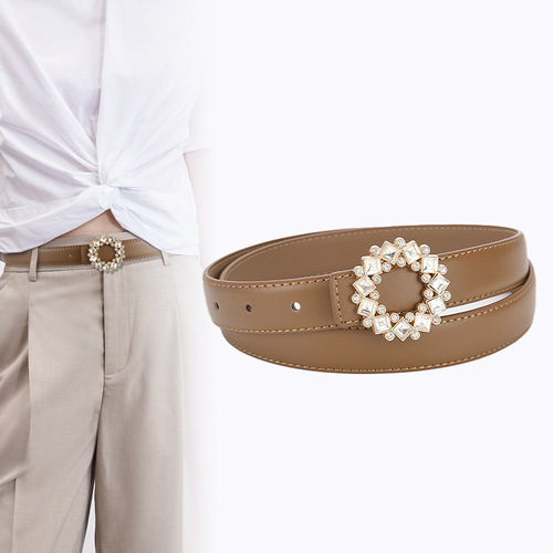 Belt Women's Fashion Versatile Trend Decorative Suit Cowhide Thin Belt Rhinestone Genuine Leather Ins Style Jeans Belt