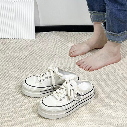 Summer Thick Heel Lift Slides for Women Slip-On Fashion Half-Drift Casual Canvas Shoes