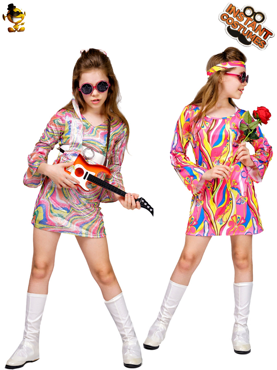 Niña niños retro hippie traje niñas discoteca trajes del funcionamiento de la etapa Cosplay