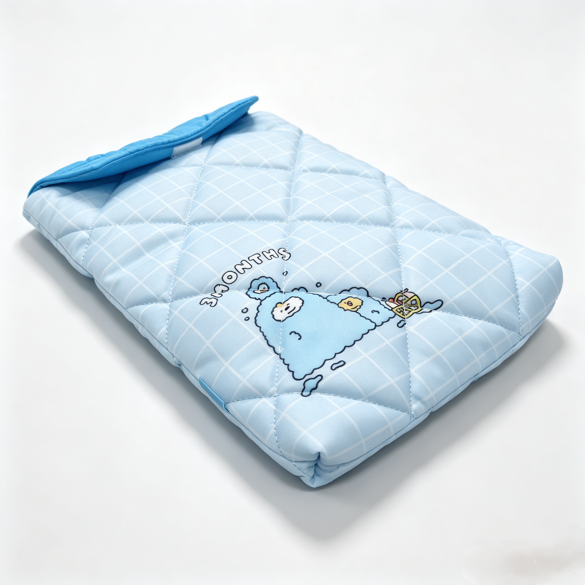 Light blue checkered quilted cotton flap storage bag with cartoon bath animal Velcro closure, iPad sleeve bag