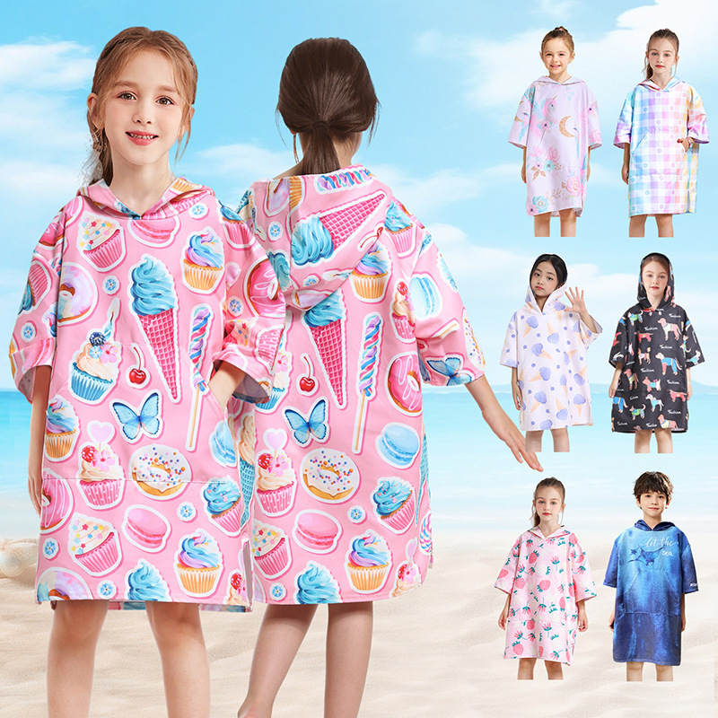 2024 quick-drying children's bathrobe with sleeves and pockets bath towel male and female students swimming absorbent cloak hooded beach towel