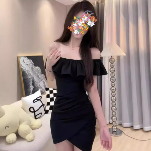 Summer Pure Desire Lotus Edge One-Shoulder Dress for Women, Hot Girl, Shoulder-Strapless, Asymmetrical, Fitted, Slimming, Bustier Mini Skirt