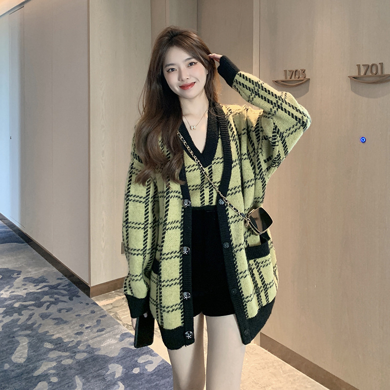 Tipsy in Autum Afternoon High Proportion Mohair Heavy Plaid Vest Suit Autum Elegant Long-Sleeved Cardigan Top