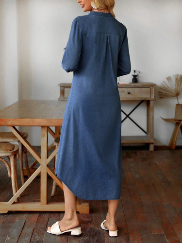 Women's European and American Spring/Summer/Fall Casual V-Neck Denim Dress with Flap Pockets, Side Hem A-Line Skirt