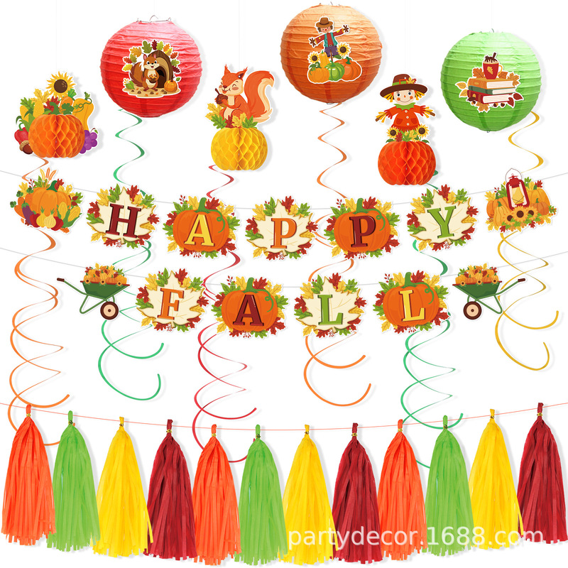 Autumn Happy Harvest Party Scene Atmosphere Decoration Lanterns Hanging Flags Spiral Bulletin Board Set