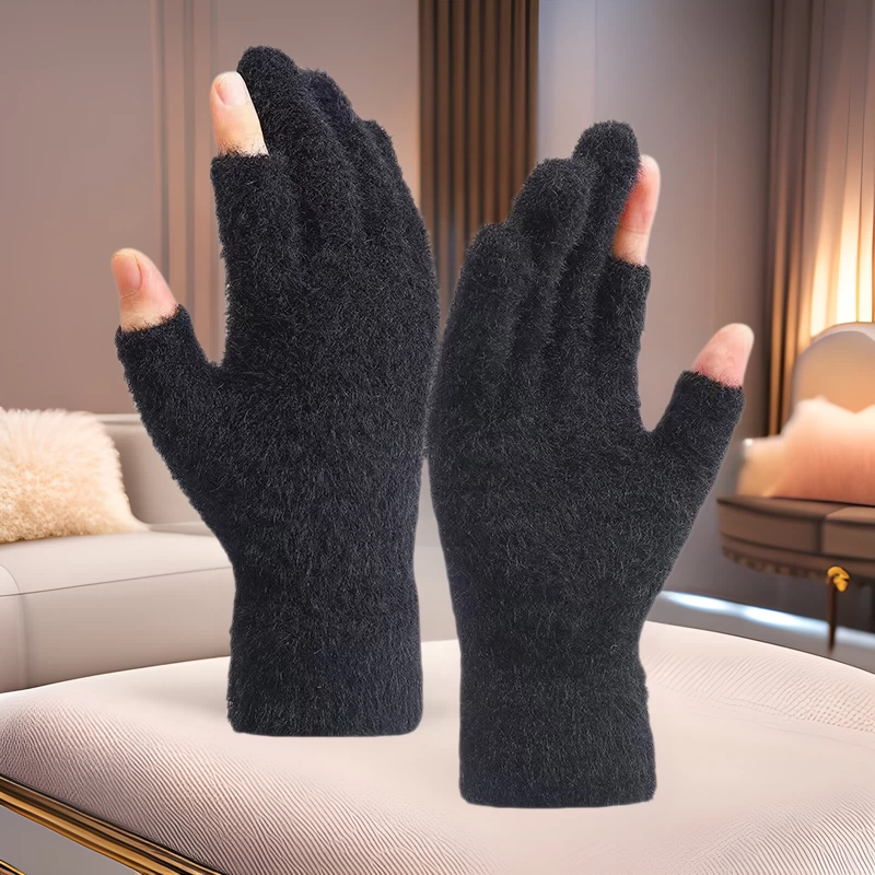 Дырявые теплые перчатки с двумя пальцами, осенние и зимние студенческие перчатки, перчатки без пальцев для письма и езды на велосипеде, однотонные перчатки с сенсорным экраном, имитация норки