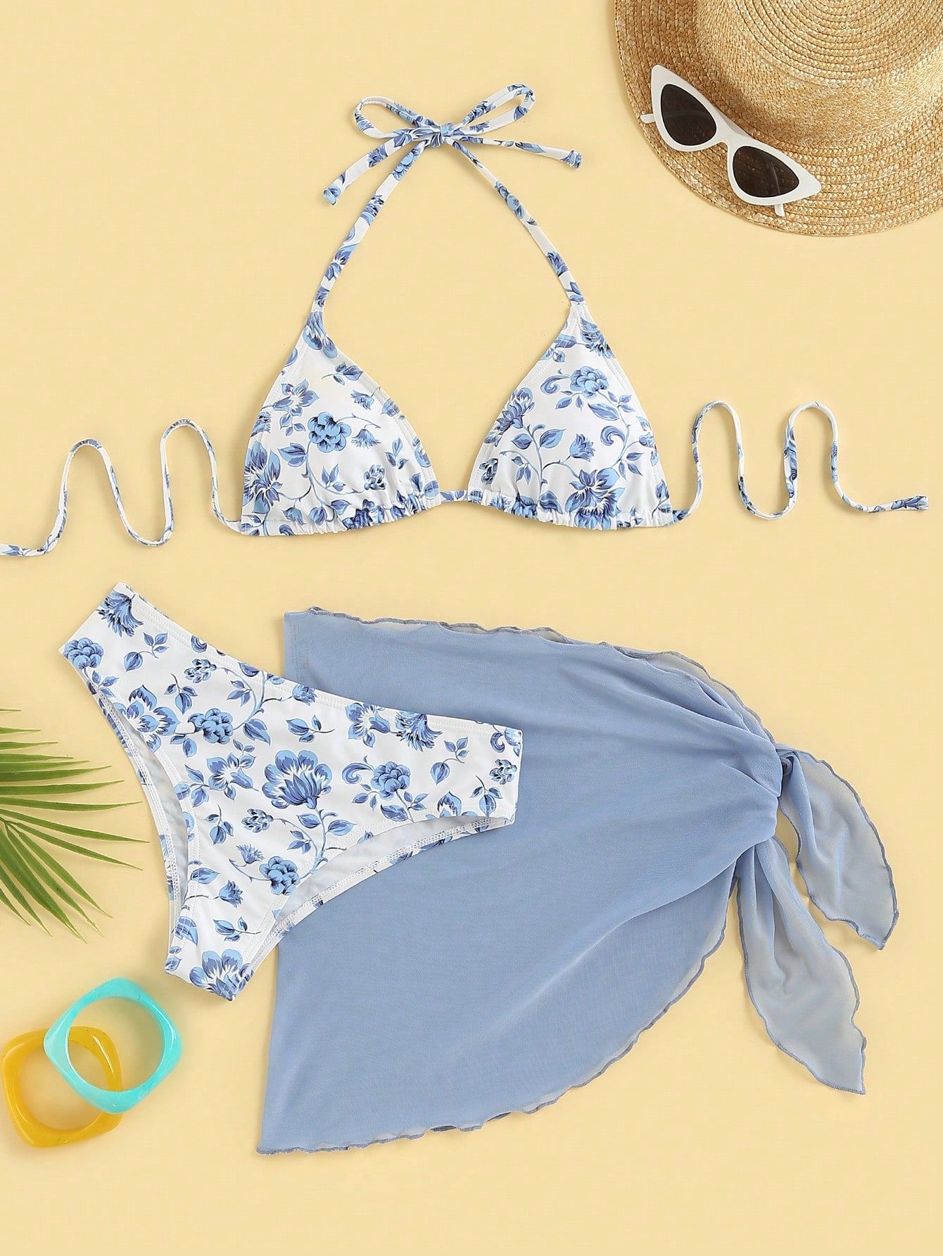 Ensemble bikini floral avec nœud à la taille pour femme_voghion.com