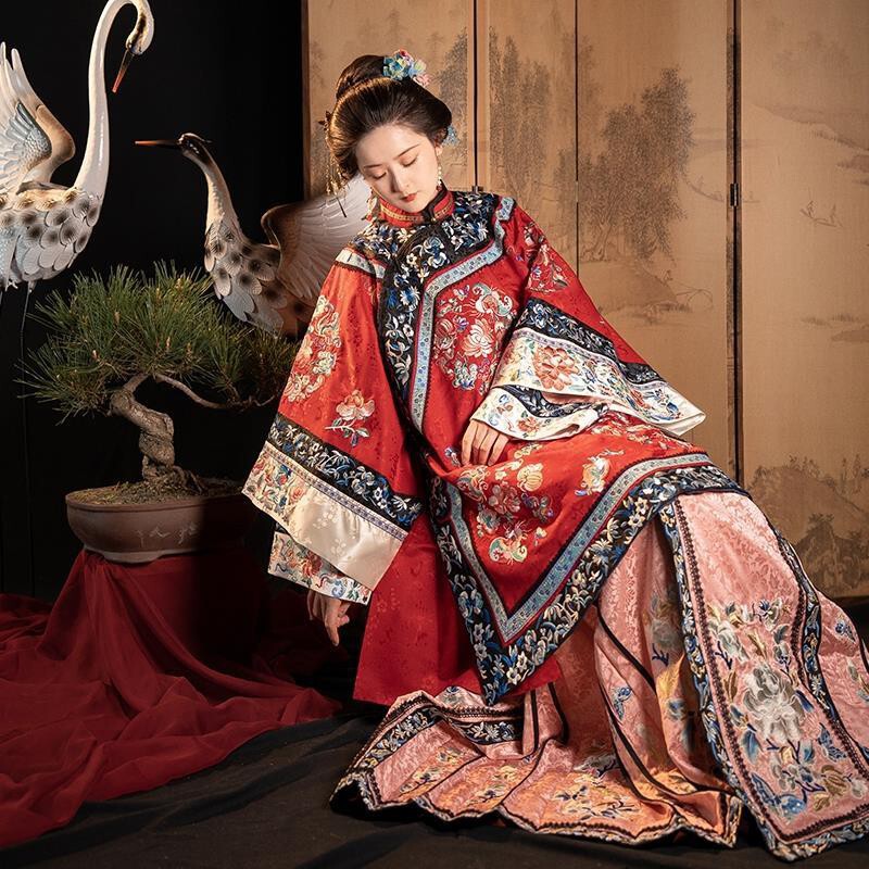 Embroidered Qing Han Clothing Secret Tang Fugu Style Antique Clothing Heavy Industry Embroidered Qing Han Women's Wear Wide Sleeve Late Qing Dynasty Style Horse Noodle Skirt