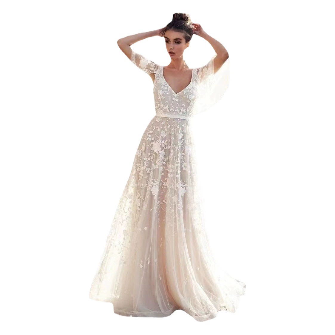 Новое женское вечернее платье весна-лето 2026 в европейском и американском стиле, с глубоким V-образным вырезом, средней длины, с кружевной открытой спиной