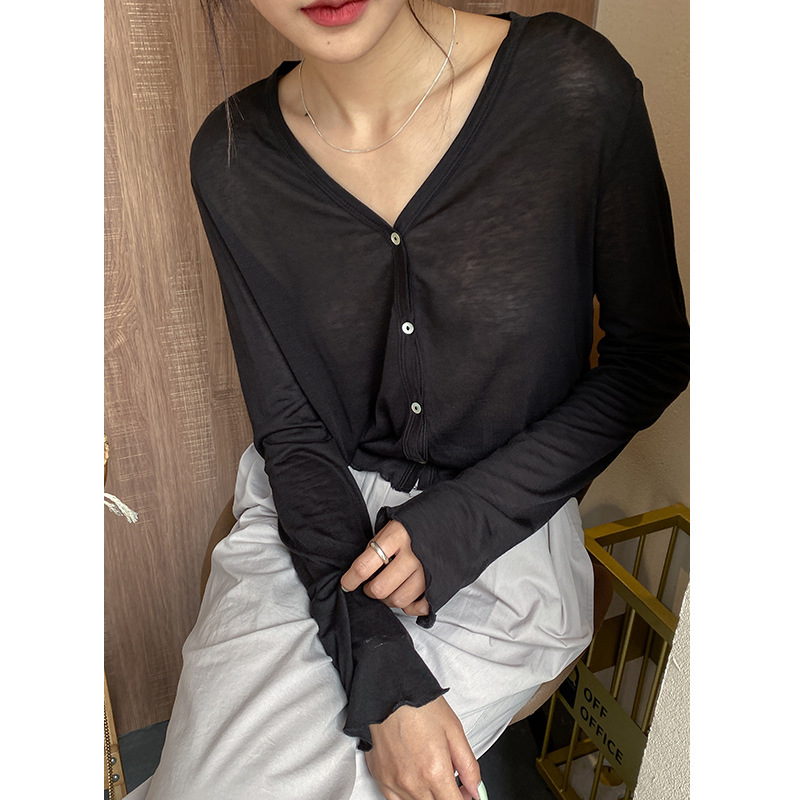 木兰夏季新款防晒衣女V领透气长袖针织开衫纯色短款上衣27206|ms