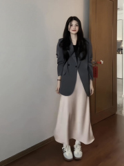 oversize灰色西装外套女春秋新款韩版宽松休闲廓形垫肩小西服上衣