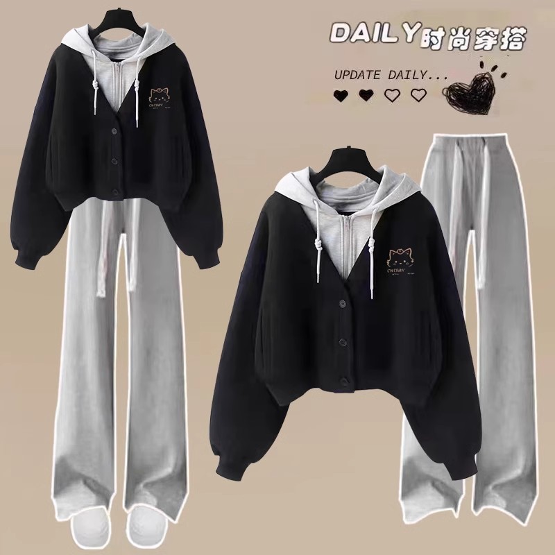 대학 스타일 세트 여성 중학생 2024 세트 새로운 가짜 투피스 후드 조끼 스포츠웨어 투피스 세트