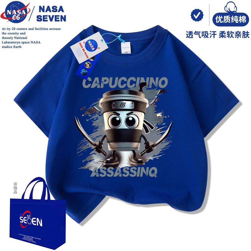 NASA 外山海経サメ忍者半袖ボーイズ 2025 新しいウッドスティックマンピュアコットン Tシャツ中大型子供用トップ|undefined