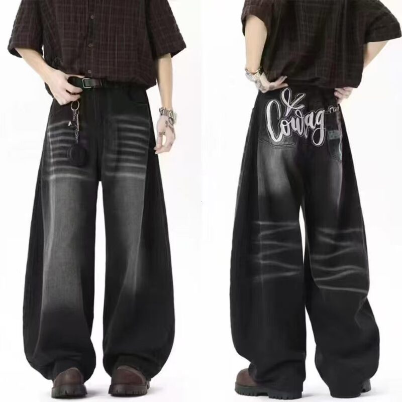 Dark Blue Washed Wide-Leg Jeans for Men, Summer Baggy Trendy Brand Loose Casual Versatile Vintage Straight Pants Dark Blue Washed Wide-Leg Jeans for Men, Summer Baggy Trendy Brand Loose Casual Versatile Vintage Straight Pants