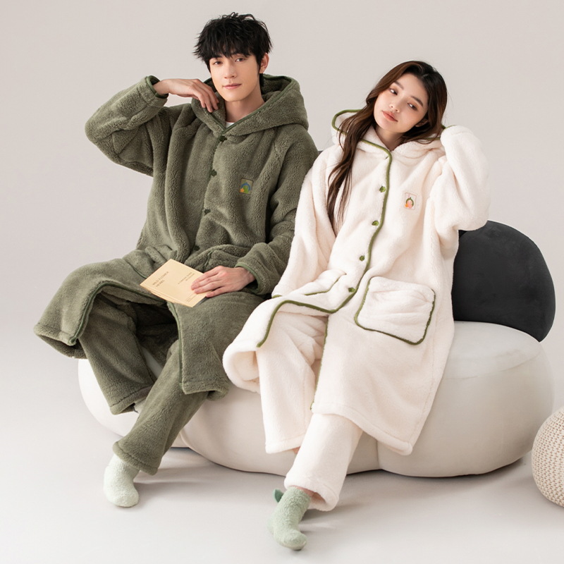 Otoño e Invierno pareja pijama de las mujeres de coral de lana engrosada de lana forrada de los hombres sueltos de franela homewear camisón traje