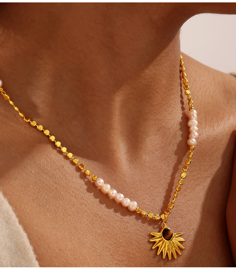 欧美新款时尚轻奢风天然虎眼石吊坠淡水珍珠串珠铜材质项链饰品详情8