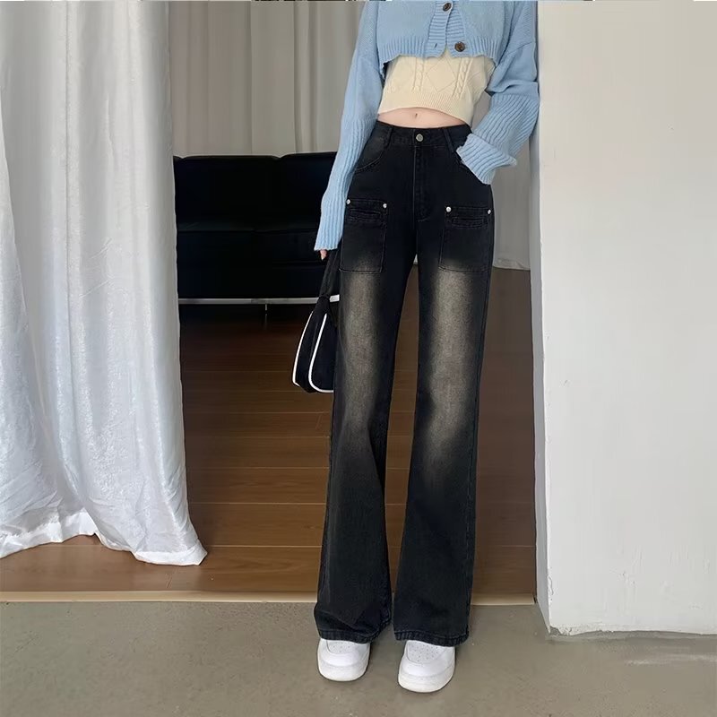 大きいサイズの太った妹のハイウエストのストレートジーンズの女性の秋冬のゆったりしているのが見えます。|undefined