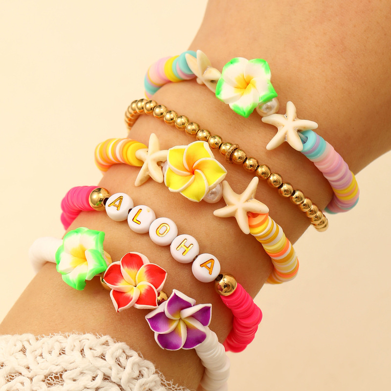 Europe and the United States cross-border marine elements egg flower starfish bracelet flower letters soft pottery bracelet suit women's holiday style Europe and the United States cross-border marine elements egg flower starfish bracelet flower letters soft pottery bracelet suit women's holiday style