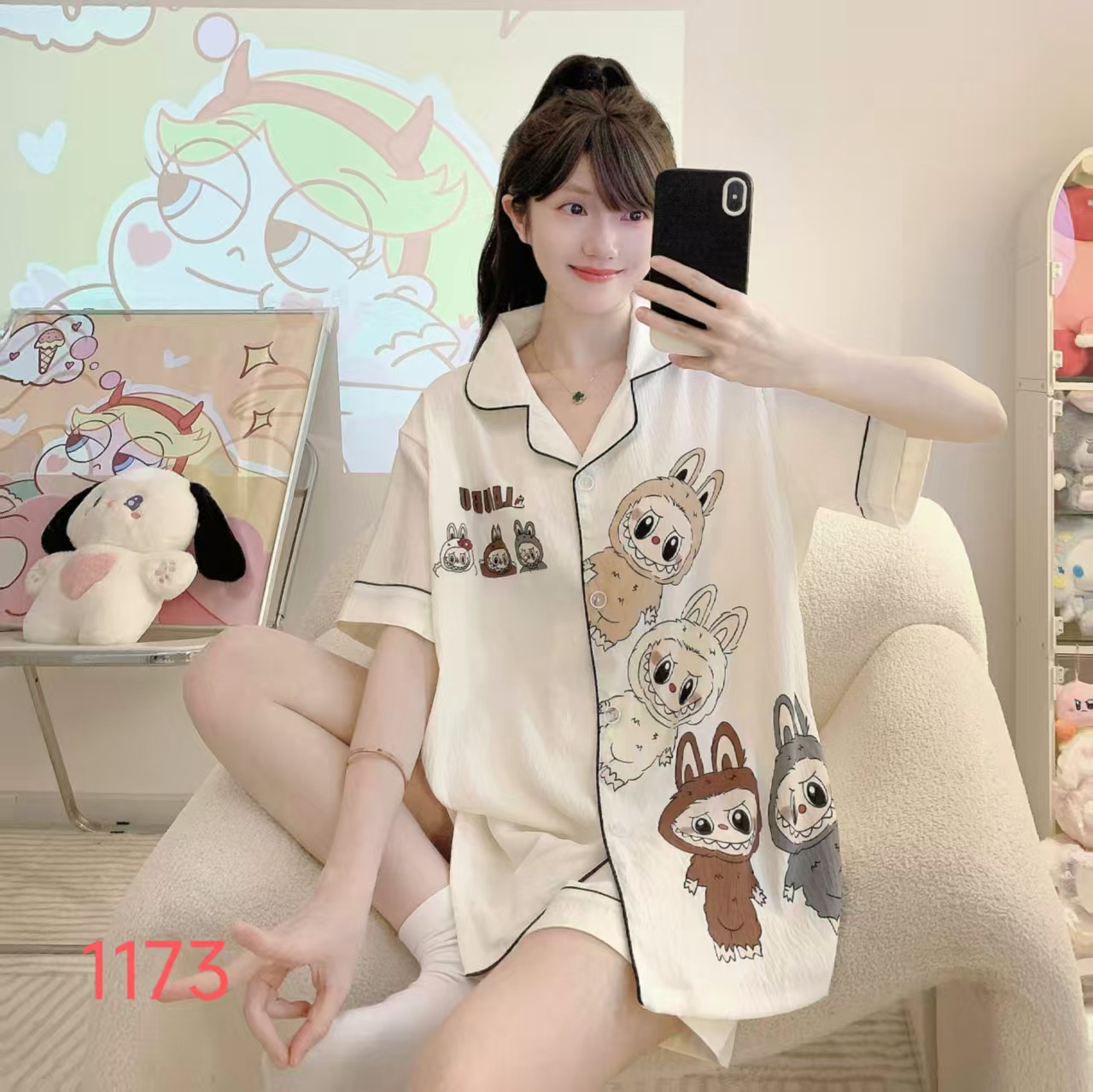 Pijamas de algodón de nube al por mayor transfronterizo para mujer nueva rebeca de verano solapa pantalones cortos de manga corta traje de servicio a domicilio dulce y lindo