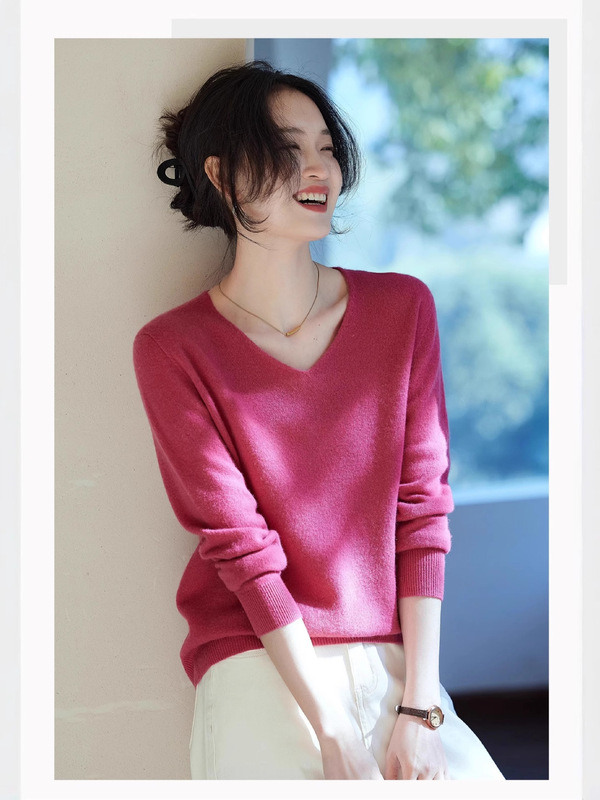 哥家商场同款女装2025秋季新款简约小香风白色V领羊毛针织打底衫|undefined