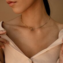 现货双环永恒圈不对称拼接项链欧美颈链短链环环相扣铜镀真金