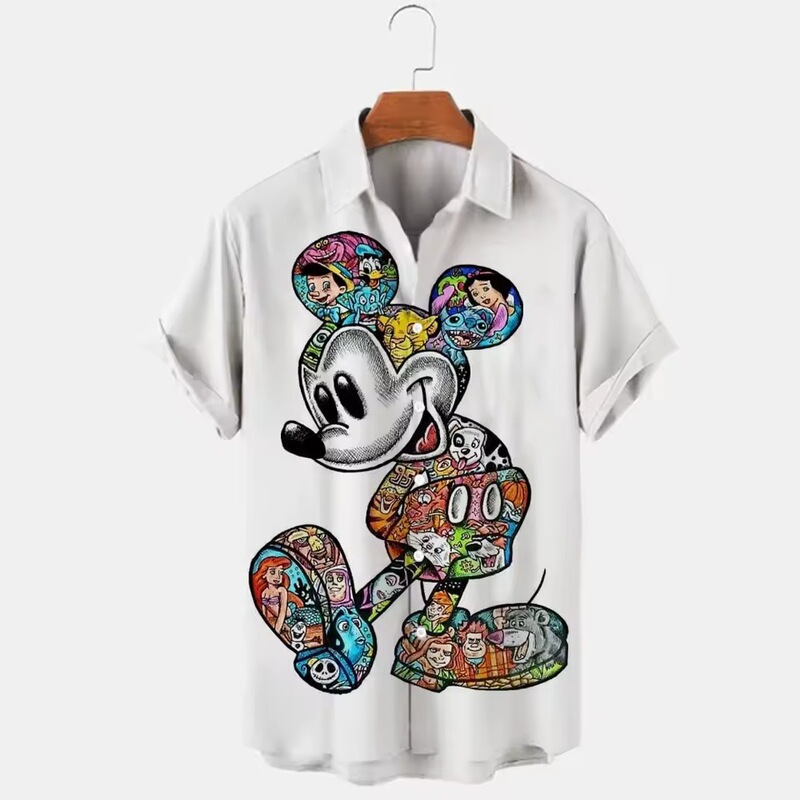 2025 Summer Men's Casual Cartoon Mickey Mouse Goofy Harajuku Summer Tops Men's Lapel Short Sleeve Shirt