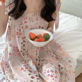 纯棉碎花吊带睡裙女夏季系带收腰宽松甜美风可外穿家居服批发