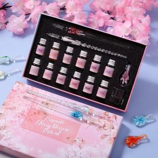 Glass Pen Dipped in Water Pen Cherry Blossom Color Ink Signature Pen Student Internet Celebrity Gift Stationery Pen Dipped in Ink Gift Box Set