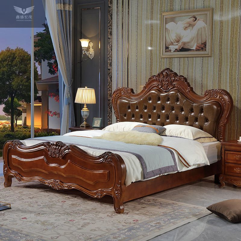 Cama de madera maciza de estilo europeo directamente de fábrica, cama doble clásica americana tallada, cama de matrimonio de 1.8 metros, cama grande, venta al por mayor.