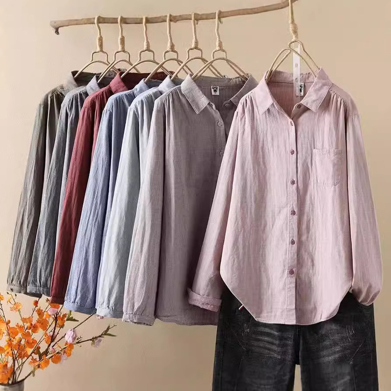 Artistic Retro Two-color Double-woven Pinstripe Shirt Women's Double-layer Cotton Gauze Long-sleeved Shirt Loose plus size Women's Clothing