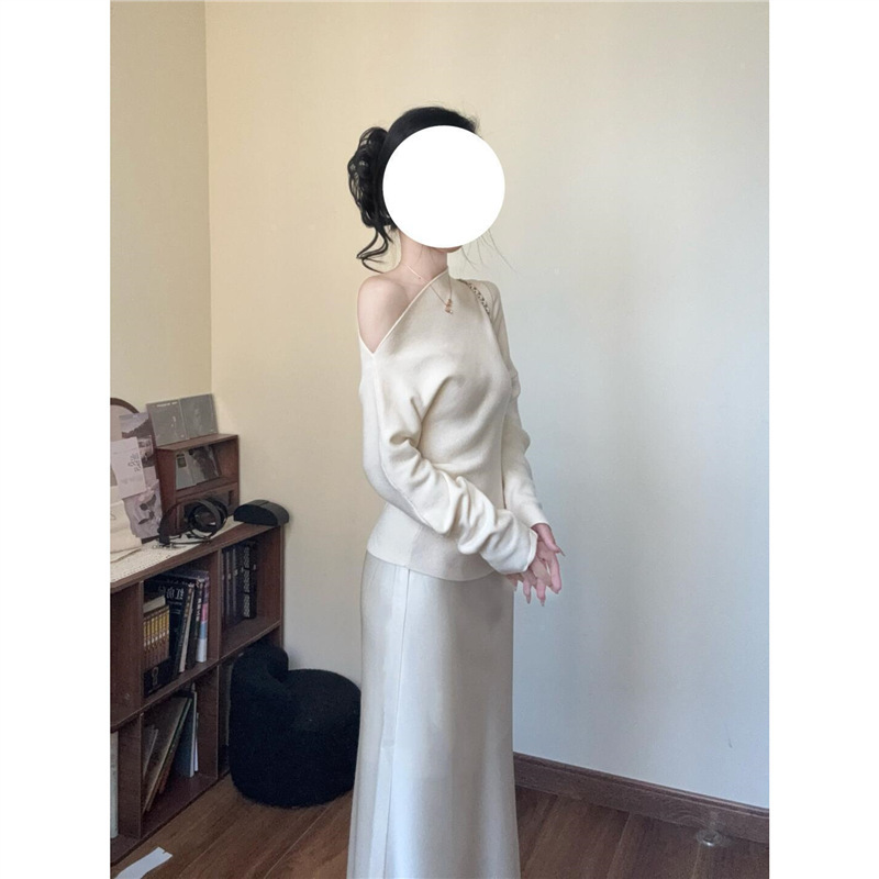 韩系简约不规则露肩t恤套装女春季高腰鱼尾半身裙设计感长袖上衣|undefined