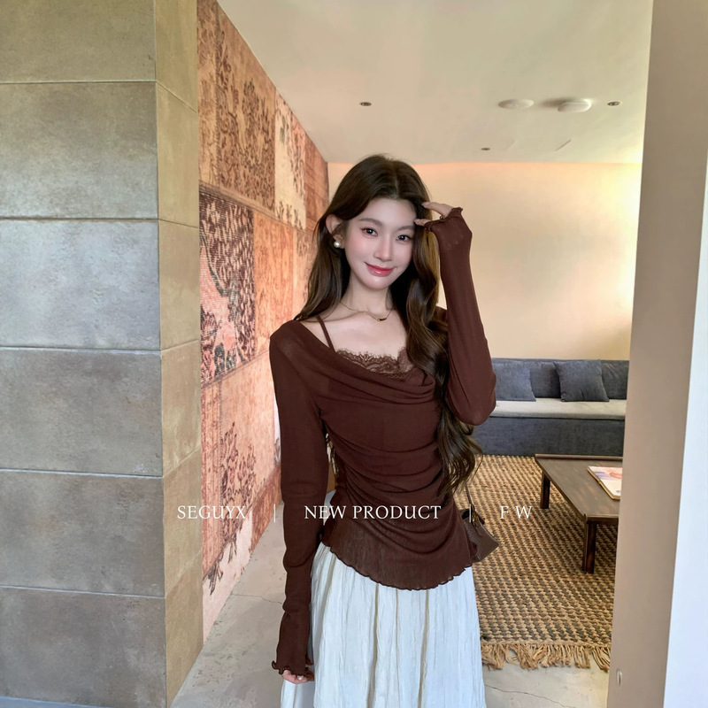 SEGUYX Shibuya Shisanxing Lace Patchwork Slim Fit Long Sleeve T-Shirt Pure Desire Style Blouse Base Top Autumn T023