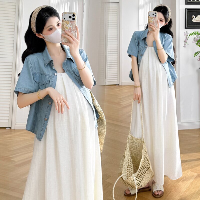 2026 Summer New Korean Style Fashionable and Simple Maternity Slip Dress + Washed Denim Shirt Slimming Maternity Set 2026 Summer New Korean Style Fashionable and Simple Maternity Slip Dress + Washed Denim Shirt Slimming Maternity Set