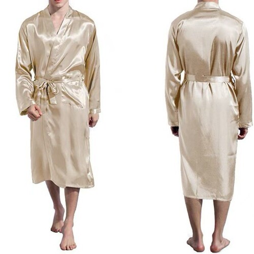 Exclusive Men's Solid Color Long Robe, Thin Open Front Sleep Robe, Loose Plus Size Long Sleeve Autumn Light Color Satin Bath Robe
