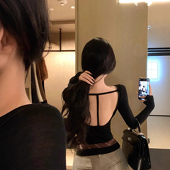 JAYKY YANG零感松弛黑色羊毛露背长袖打底衫修身百搭针织上衣