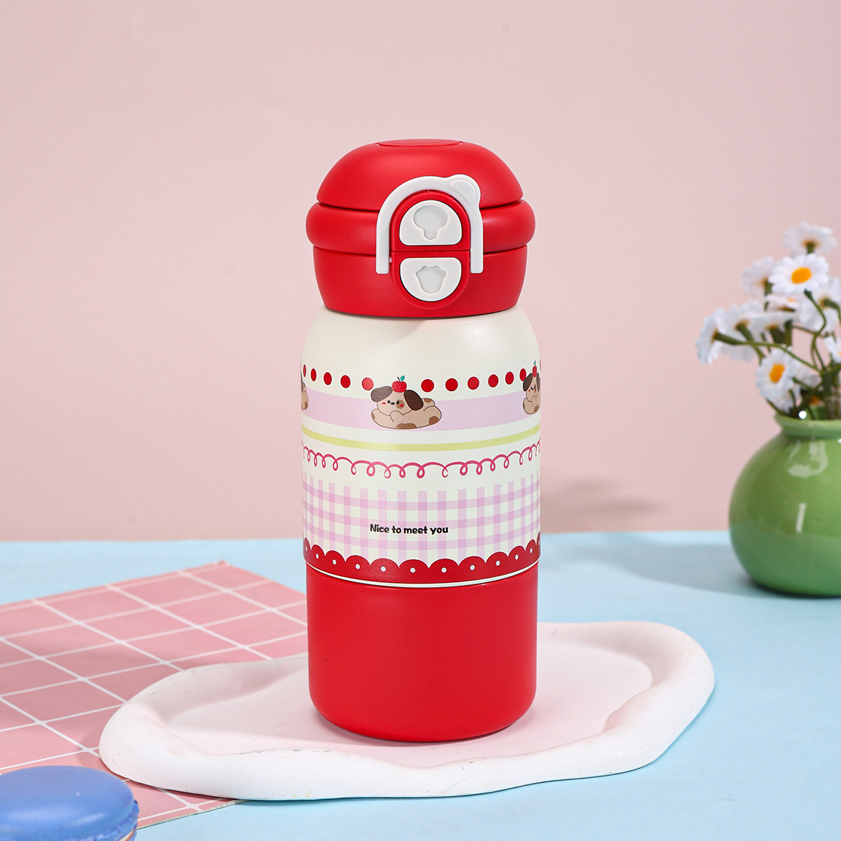 Gourde isotherme pour enfants, très attrayante, en acier inoxydable 316 de haute qualité, avec motif dessin animé, double usage et paille pratique._voghion.com
