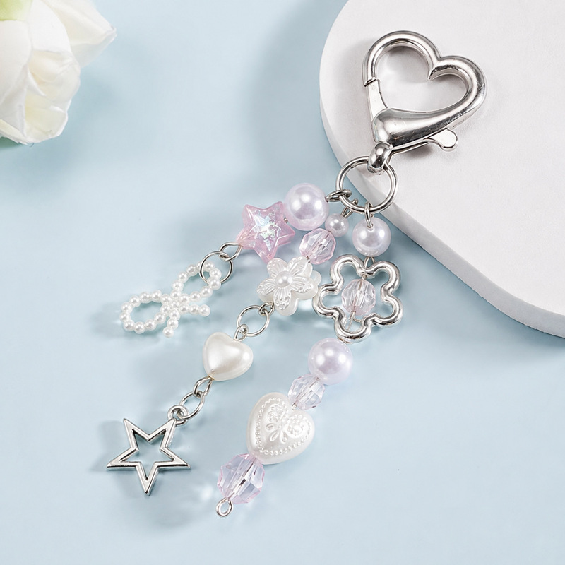 Cute Y2K cartoon heart keychain with pentagram, bow, and flower decorations, Valentine's Day gift bag pendant