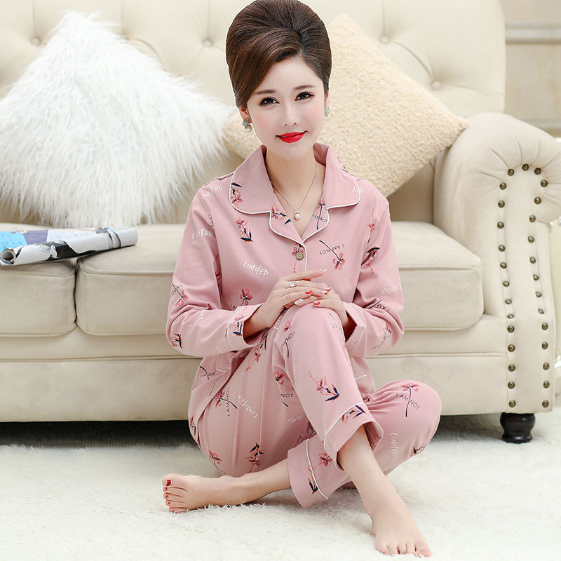 100% pijamas de algodón para mujer primavera y otoño manga larga suelta más tamaño de mediana edad y ancianos Otoño e Invierno traje homewear