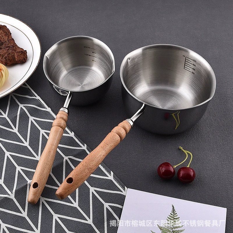 Пожел Thickened 304 stainless steel graduated measuring cup flat bottom small milk pot cross-border Amazon export wooden handle food supplement sauce cup