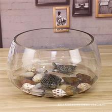 鱼缸玻璃圆形办公桌黄金葛水培家用小鱼创意透明小型迷你桌面乌龟