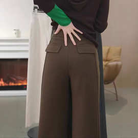 美式咖棕色毛呢西装裤女宽松直筒高腰裤秋季设计感垂感加绒阔腿裤