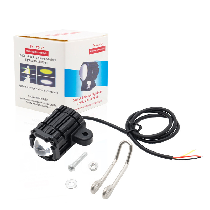 Motorcicleta led espejo delantero vehículo eléctrico faro externo amarillo blanco luz super brillante foco pequeño cañón de acero luz espejo