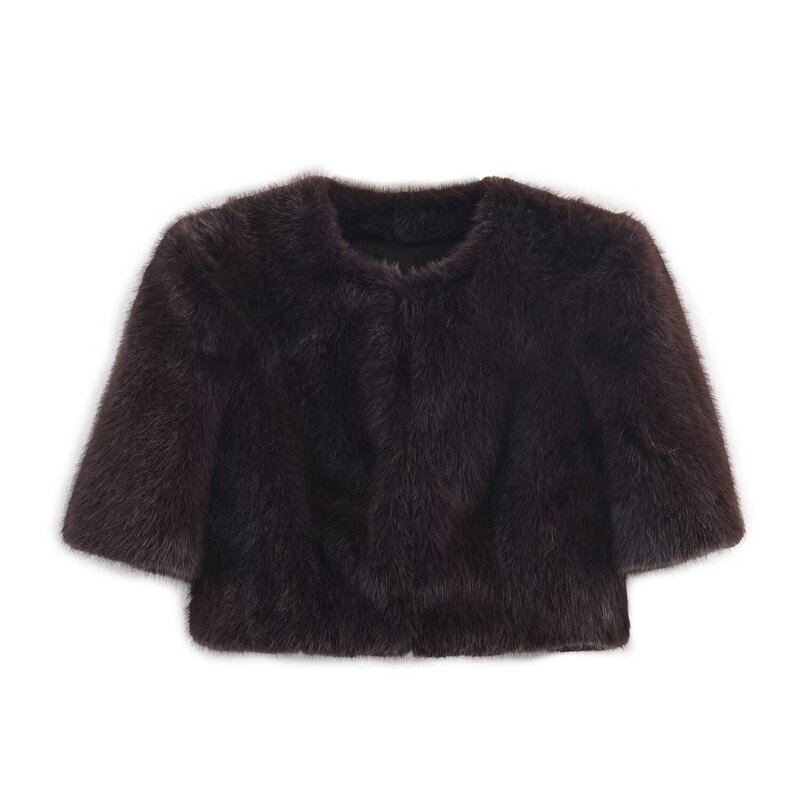 Cross-Border European and American Clothing Aliexpress Independent Station American Fashion Faux Fur Effect Short Jacket Mid-Sleeve Jacket