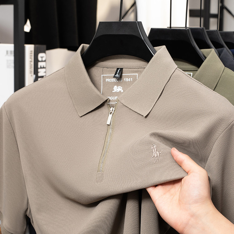 Men's Short-Sleeved T-Shirt Zipper Lapel Men's Summer Pure Color Embroidered Polo Shirt Casual Half-Sleeved Men's Cross-Border Export