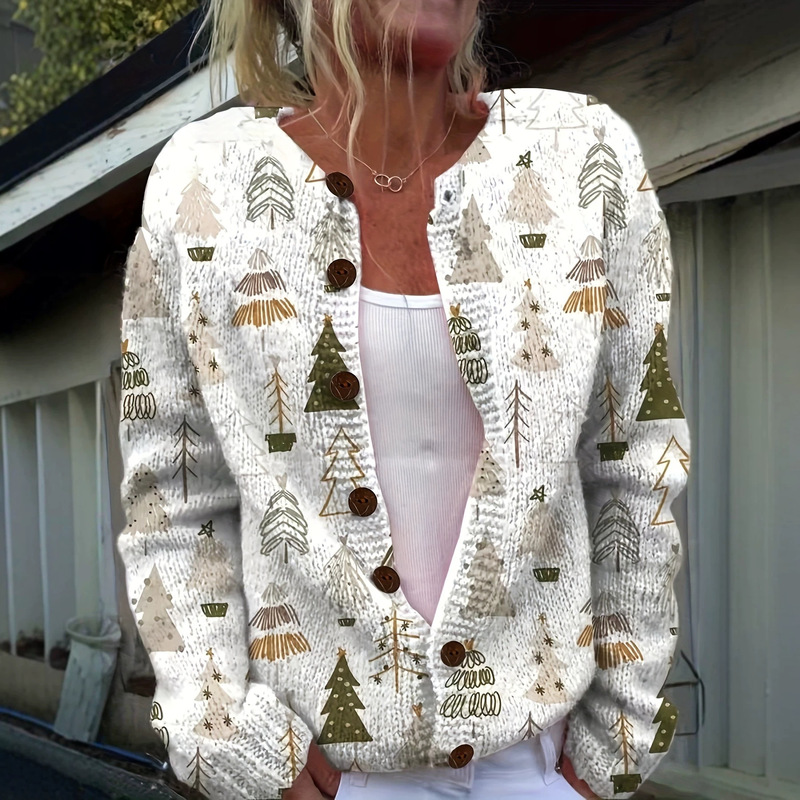 European and American retro-style printed Christmas tree cardigan sweater for women, vintage one-of-a-kind sweater, cross-border supply, dropshipping available European and American retro-style printed Christmas tree cardigan sweater for women, vintage one-of-a-kind sweater, cross-border supply, dropshipping available