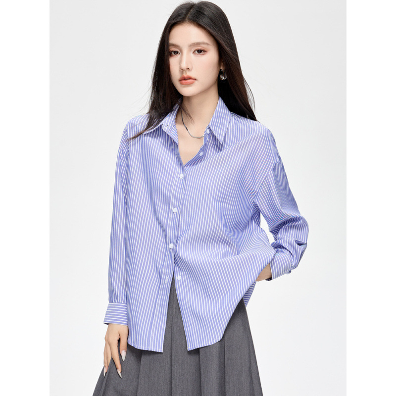 Wholesale Blue Striped Shirt for Women, Long-Sleeved, 2026 Spring New Style, Lazy Style, Loose Fit, Drop Shoulder Sleeves Shirt