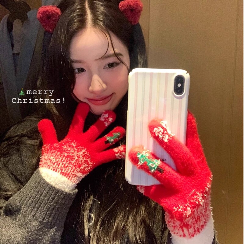 女士手套冬季新款露指加厚毛茸茸针织手套女生韩系可触屏五指写字|undefined