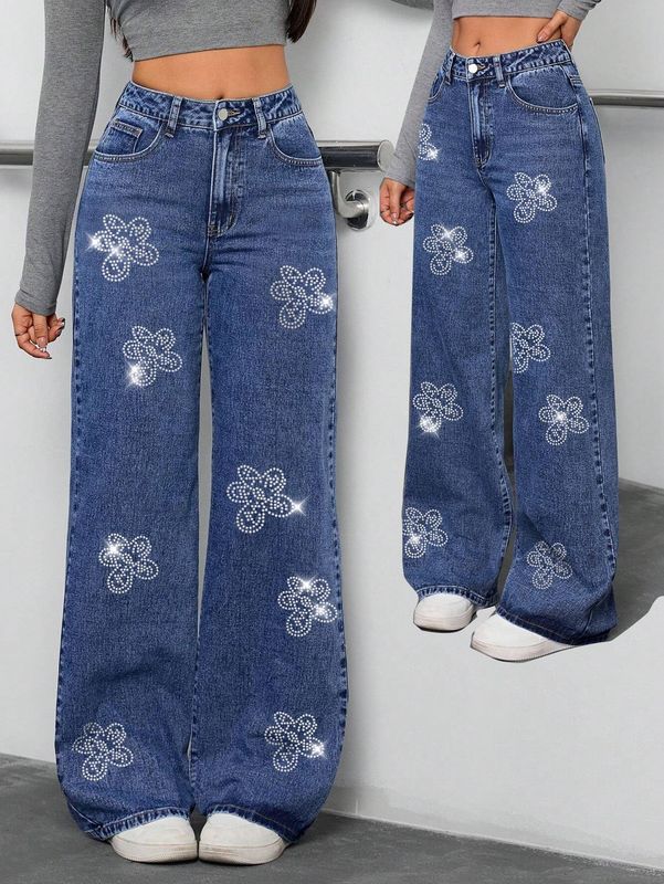 欧美跨境女装牛仔裤 25秋季新款花朵烫钻宽松直筒牛仔长裤女JEANS|undefined